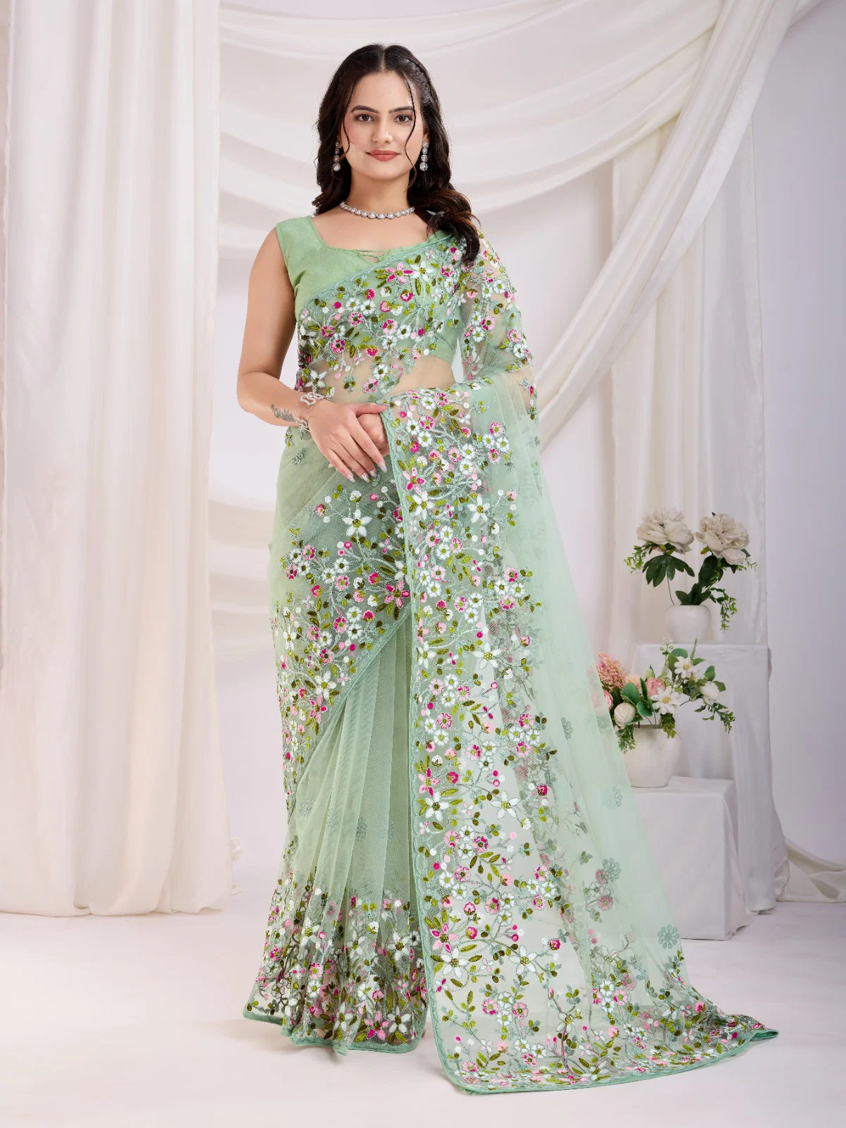 Net Thread Embroidery Party Wear Saree VF-Net-Vaamika21