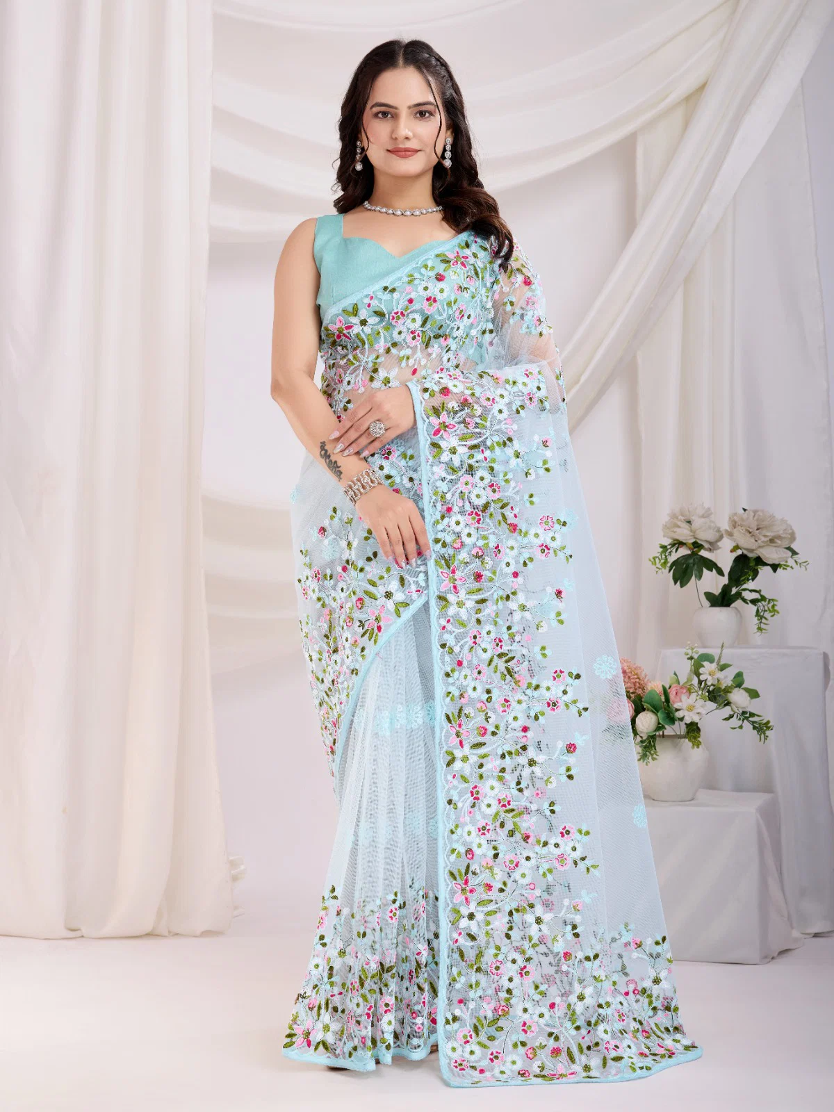 Net Thread Embroidery Party Wear Saree VF-Net-Vaamika21